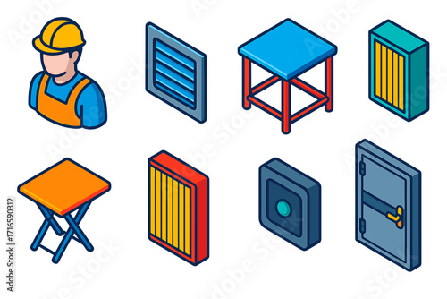Industrial Equipment Icons. Isometric vector illustration set worker, vent, table, filter, control device, and door: industrial