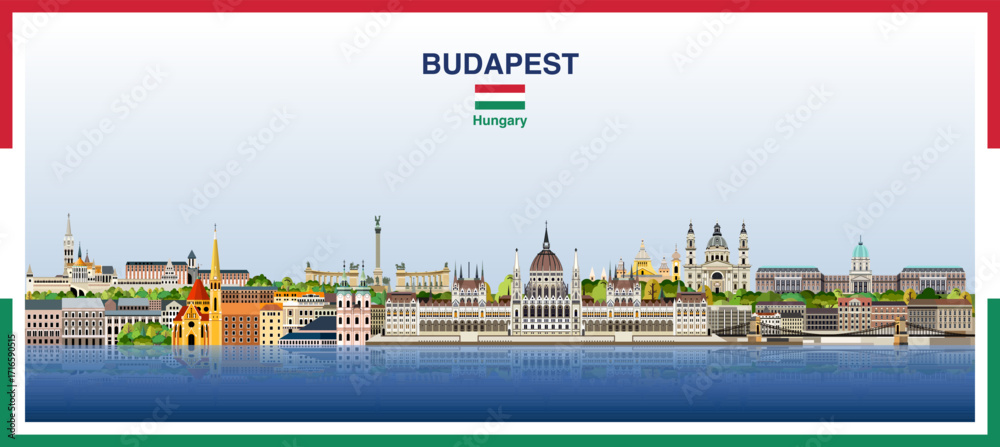 Obraz premium Budapest city skyline with a frame border in the colors of the flag of Hungary. Vector illustration