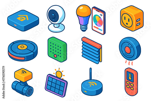 Smart Home Icon Set. Isometric vector illustration set smart home icons: smart home hub device, wireless indoor cam, color bulb