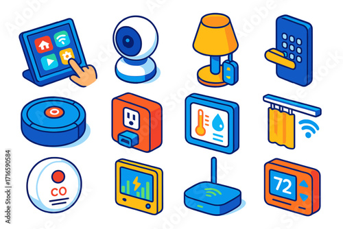 Smart Home Icons. Isometric vector illustration set smart home icons: touchscreen hub, indoor baby monitor, lamp with smart dimmer