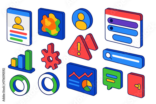 Colorful UI Elements. Isometric vector illustration set user interface elements with heatmap and profile design: profile details
