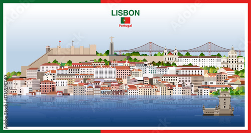 Lisbon city skyline with a frame border in the colors of the flag of Portugal. Vector illustration