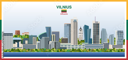 Vilnius city skyline with a frame border in the colors of the flag of Lithuania. Vector illustration