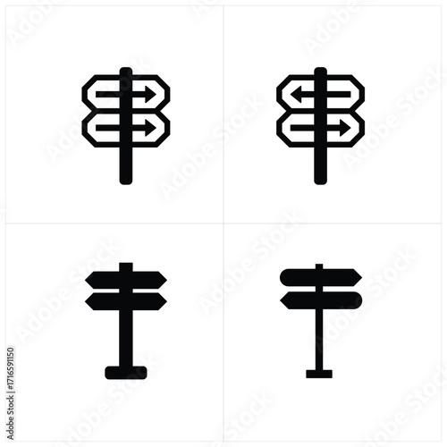 Set of directional signpost icons with arrows indicating different directions