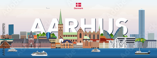 Aarhus cityscape colorful vector illustration with a big city name on the background. Travel trendy poster