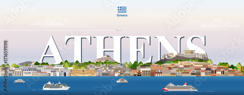Athens cityscape colorful vector illustration with a big city name on the background. Travel trendy poster