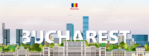 Bucharest cityscape colorful vector illustration with a big city name on the background. Travel trendy poster