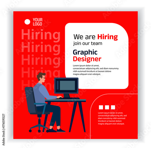 We Are Hiring Graphic Designer Social Media Post Template – vector illustration. recruiting a Graphic Designer. red theme