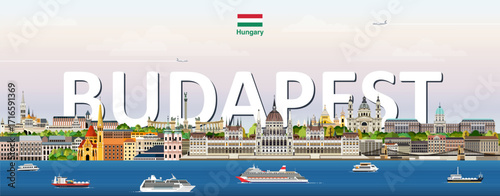 Budapest cityscape colorful vector illustration with a big city name on the background. Travel trendy poster