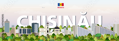 Chisinau cityscape colorful vector illustration with a big city name on the background. Travel trendy poster