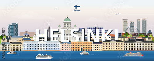 Helsinki cityscape colorful vector illustration with a big city name on the background. Travel trendy poster