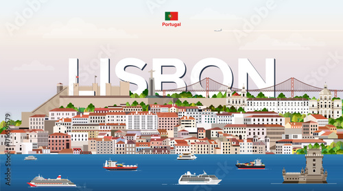 Lisbon cityscape colorful vector illustration with a big city name on the background. Travel trendy poster
