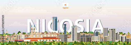 Nicosia cityscape colorful vector illustration with a big city name on the background. Travel trendy poster