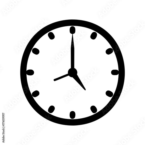 Iconic black and white clock illustration showing the time eight o five