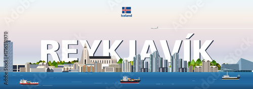 Reykjavik cityscape colorful vector illustration with a big city name on the background. Travel trendy poster