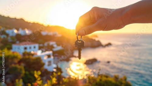 Hand holding a house key against coastal sunset background symbolizing real estate investment, vacation home ownership and lifestyle dreams by the sea