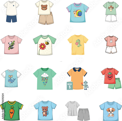 Adorable collection of children's clothing outfits, featuring cute cartoon t-shirts and shorts. Vector illustration set of toddler apparel with fun animal and nature prints