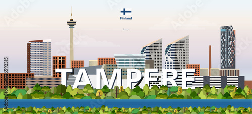 Tampere cityscape colorful vector illustration with a big city name on the background. Travel trendy poster