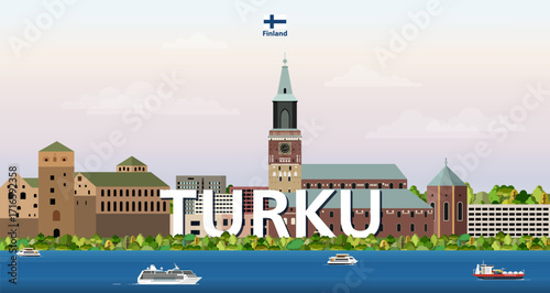 Turku cityscape colorful vector illustration with a big city name on the background. Travel trendy poster
