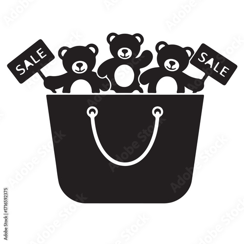 Toy Sale Silhouette Teddy Bears in Shopping Bag Holding Sale Signs