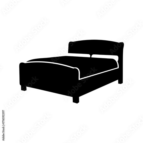 Black silhouette illustration of a double bed with mattress and headboard design