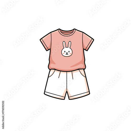 Cute cartoon children's outfit with a pink bunny t-shirt and white shorts. Vector illustration set of summer clothes for a little girl