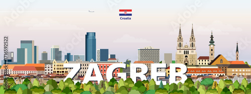 Zagreb cityscape colorful vector illustration with a big city name on the background. Travel trendy poster