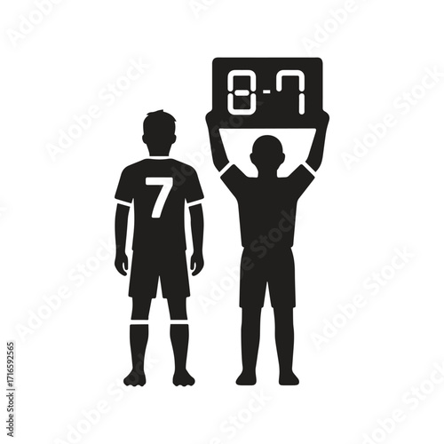 Vector icon silhouette illustration of a football player standing next to a referee holding up an electronic substitution board