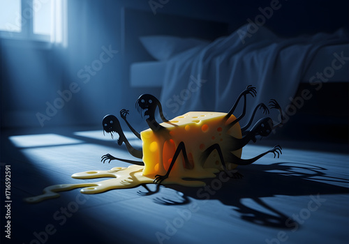 Moonlit wedge of cheese melting into shadowy figures, symbolizing disrupted sleep