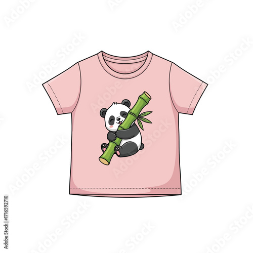 Cute pink t-shirt with a panda hugging bamboo, perfect outfit for a child's casual wear