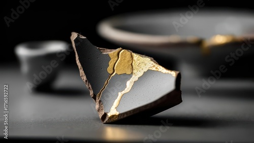 Elegant kintsugi repair on broken ceramic shard showcases beauty in imperfection and resilience