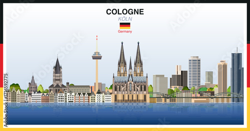 Cologne city skyline with a frame border in the colors of the German flag. Vector illustration