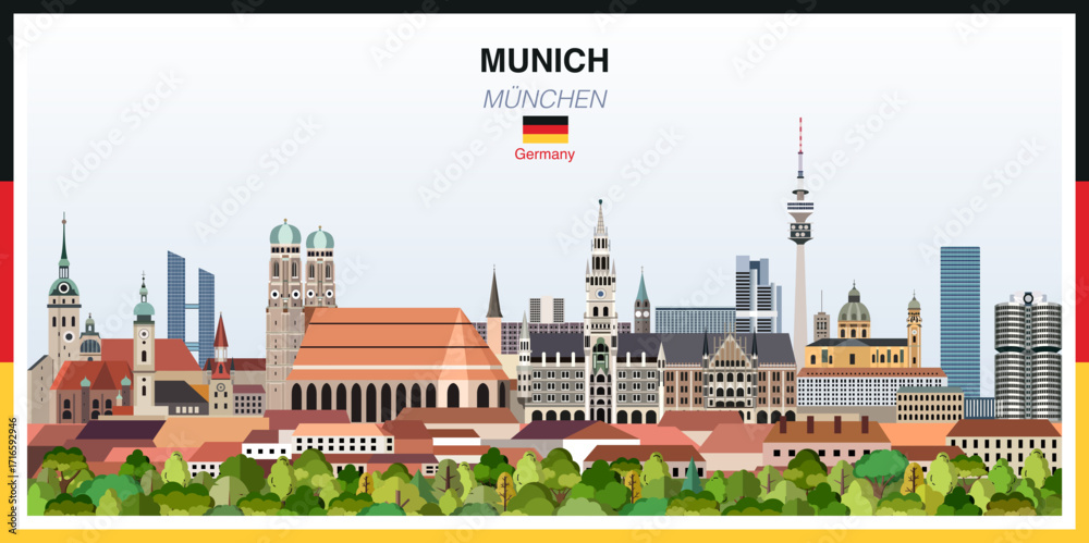 Obraz premium Munich city skyline with a frame border in the colors of the German flag. Vector illustration