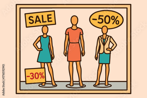 Fashionable mannequins in a store window display advertising a sale