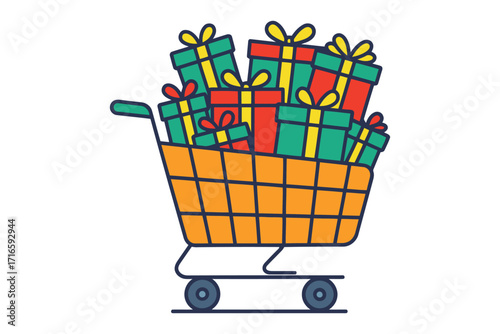 Shopping cart overflowing with colorful wrapped gift boxes and ribbons