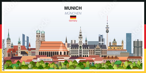 Munich city skyline with a frame border in the colors of the German flag. Vector illustration