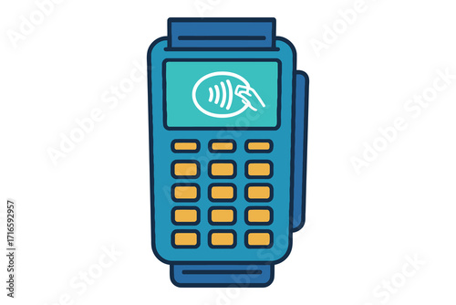 Modern blue credit card payment terminal with contactless symbol on screen