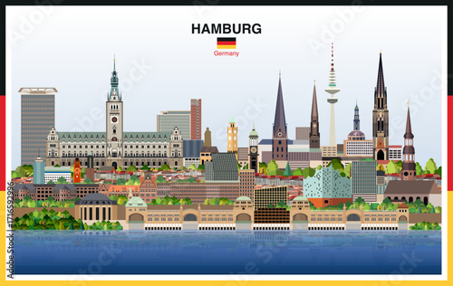 Hamburg city skyline on a gradient beautiful day sky background. Vector illustration