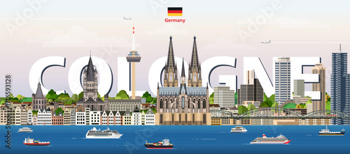 Cologne cityscape colorful vector illustration with a big city name on the background. Travel trendy poster