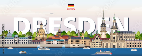 Dresden cityscape colorful vector illustration with a big city name on the background. Travel trendy poster