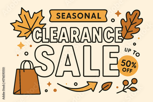 Autumn seasonal clearance sale with shopping bag and falling leaves