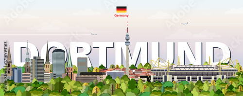 Dortmund cityscape colorful vector illustration with a big city name on the background. Travel trendy poster