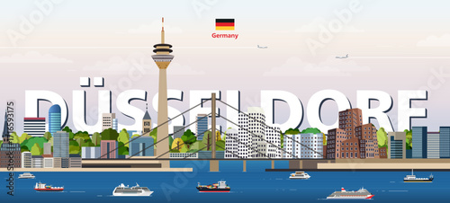 Dusseldorf cityscape colorful vector illustration with a big city name on the background. Travel trendy poster