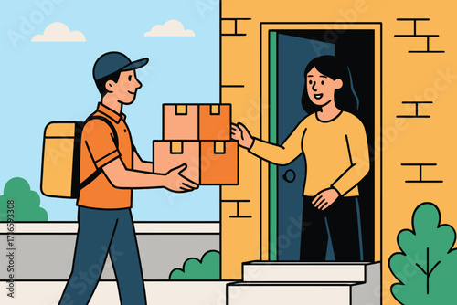 Delivery person handing packages to a woman at her doorstep illustration
