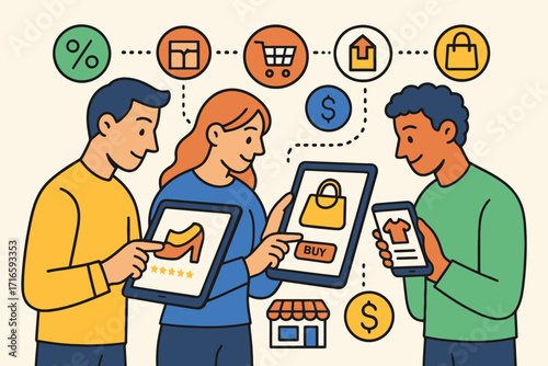 Diverse group of people shopping online using tablets and smartphones for purchases