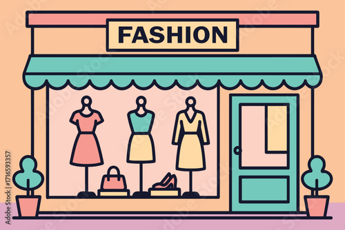Charming flat design fashion boutique storefront with mannequins and clothing