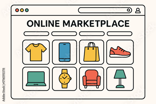 Online marketplace interface displaying various products for e commerce shopping