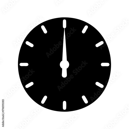 Clock face with hands pointing to twelve o'clock in simple black design