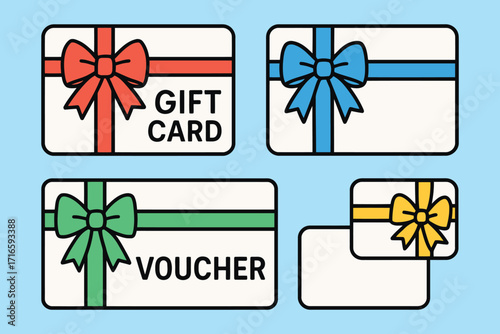 Collection of colorful gift cards and vouchers with ribbons and bows