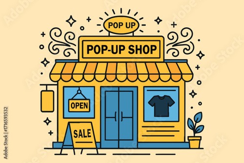 Bright yellow pop up shop with open sign and sale advertisement